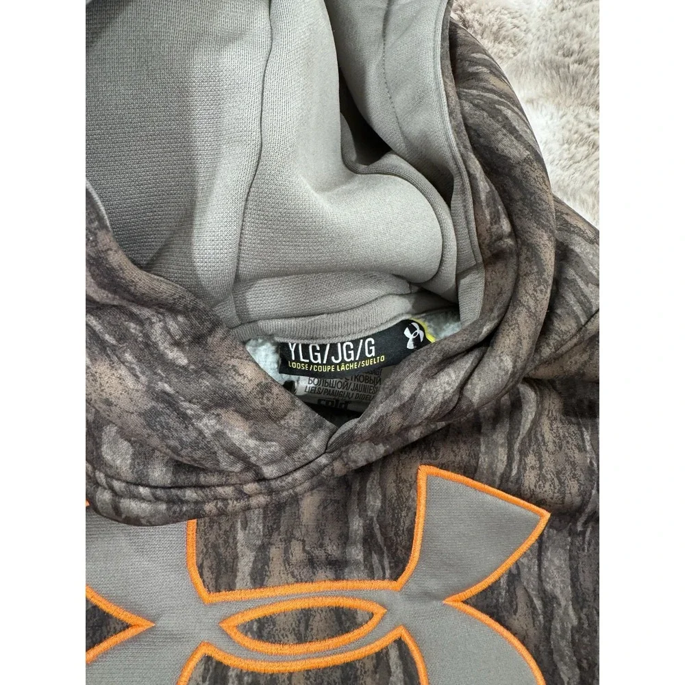 Under Armour Boys Camo Pullover Hooded Hoodie w/ Pockets Orange Logo L
